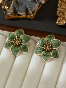 1 Pair Handmade Cute Floral Dangle Earrings, Green Layered Flower Design, Suitable For Dates And Vacations - Green - View 3