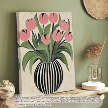 1pc Art Deco Bloemen Olieverfschilderij Op Canvas Gestreepte Vaas Ontwerp Van Tulpen, Houten Omlijste Muurkunst Decoratie Voor Thuis Kantoor Woonkamer Slaapkamer Herfst En Winter Thema, Interieur Portret Kunstdruk -Botanisch-Modern,Poster