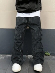 Men's Tie-Dye Wide Leg Loose Casual Cargo Pants - Black - View 2