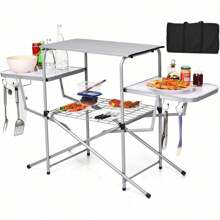 Folding Grill Table With 26'' Main Tabletop, Portable Aluminum Camping Table, Carrying Bag, Quick Set-Up, Outdoor Camping Kitchen Food Prep Station For Picnic Tailgating RVing Backyard