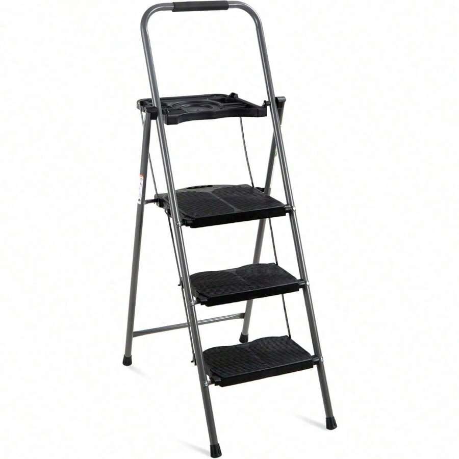 3-Step Ladder, Portable Folding Anti-Slip Step Stool W/Utility Tray, Hand Grip, Rubber Feet  , 330lb Capacity