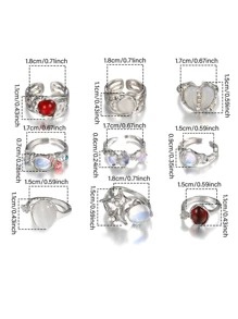 9Pcs Y2K Crystal Rings Kpop Heart Adjustable Ring Asymmetric Geometry Punk Vintage Rings Set For Women Girls New Fashion Jewelry