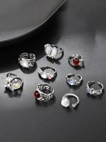 9Pcs Y2K Crystal Rings Kpop Heart Adjustable Ring Asymmetric Geometry Punk Vintage Rings Set For Women Girls New Fashion Jewelry