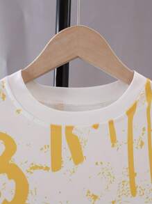 男孩和青少年 男孩休闲字母印花宽松 T 恤和短裤套装，夏季 - 黃色 - 查看 4