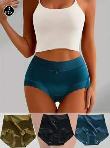 3 Pairs Women High Waist Satin Silk Ice Silk Underwear, Soft Seamless Lift Hipster Briefs