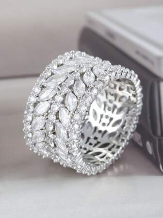 1 pezzo Anello di lusso ed elegante con fascia larga tempestata di zirconi cubici, adatto per la festa della mamma, compleanni, feste, matrimoni, fidanzamenti, regali per occasioni speciali