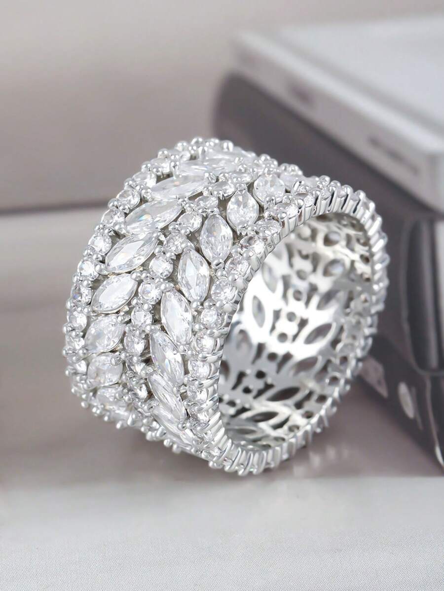 1pc Luxury Elegant Sparkling Wide Band Cubic Zirconia Ring, Suitable For Mother's Day, Birthday, Party, Wedding, Engagement, Holiday Surprise