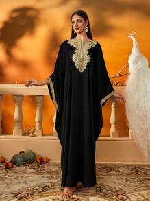 AmazingHoney Elegant Cream Kaftan Dress With Gold Embroidery Details, Batwing Sleeves, Party Abaya,Kaftan Dress ,Abaya Dress (Oversized Fit– Please Check Size Chart) - Black - View 10