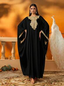 AmazingHoney Elegant Cream Kaftan Dress With Gold Embroidery Details, Batwing Sleeves, Party Abaya,Kaftan Dress ,Abaya Dress (Oversized Fit– Please Check Size Chart) - Black - View 8