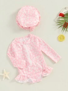 Toddler Girls Long Sleeve Rash Guard Swimsuit Floral Print Ruffles Romper Swim Cap Set - Pink - View 2