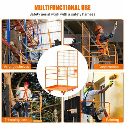 KYBOLT 45" X 43" Forklift Safety Cage, GarveeTech Max. 2200 LBS Heavy Duty Steel Forklift Man Basket, Foldable Forklift Work Platform With Guardrails, Safety Harness, Wheels, Perfect For Aerial Work