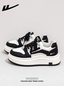 WARRIOR Women's 1 Pair Casual Skateboard Shoes, Lace-Up Design Thick Sole Low-Top Outdoor Flat Shoes For Spring And Summer, Comfortable And Stylish Classic Chunky Sneakers With Retro Details - Black - View 2