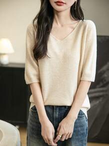 Chanyarn Women's V-Neck 100% Merino Wool Spring Cute Summer Tops First-Line Ready To Wear Seamless Soft Warm Knit Shirt Pullover Short Sleeve Sweater Shirt Business Casual Woman - Beige - View 2