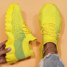 Women's Simple Plain Lace-Up Low Top Sock Sneakers, Summer 2024 Casual Comfortable Breathable Lightweight Sports Running Shoes - 黃色 - 查看 2