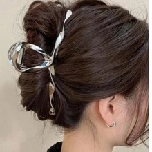 1 件女士银色不对称图案金属蝴蝶结大号发夹，简约时尚，适合日常使用 - 銀色 - 查看 1