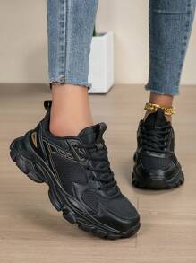 Women's Black Spring/Summer Fashion Round Toe Lace-Up Breathable Mesh & Leather Shoes, Comfortable Soft Bottom Thick Sole Casual Sneakers - Black - View 5