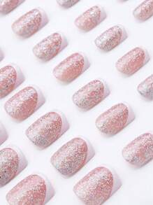 Valentines Nails 24Pcs Short Square Shape Press On Nails In White Glitter French Tip Sparkling Nail Art Design Simple And Luxury Style For Daily Use Fake Nails Kit Nail Supplies Nails