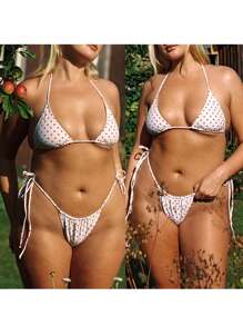 Women's Summer Bikini Set Dot Print Halter Bra With Tie-Up Low Waist Thong 2 Pcs Swimsuit - 白色 - 查看 6