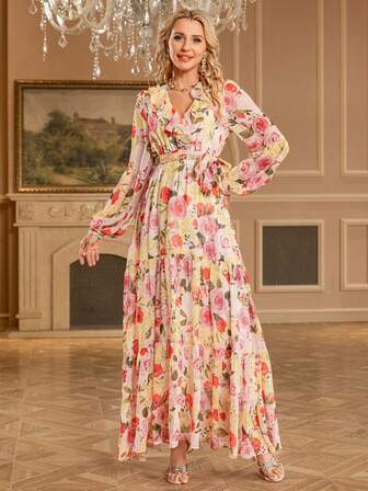 全新复古印花碎花长裙，荷叶边装饰派对礼服，婚礼宾客礼服，适合鸡尾酒会