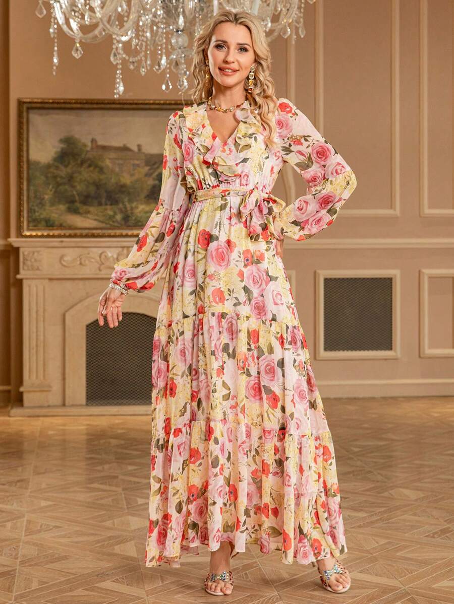 New Vintage Print Floral Long Dress, Ruffle Trim Party Dress, Wedding Guest Dress, For Cocktail - Multicolor - View 1