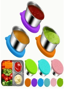 1/6pcs Stainless Steel Seasoning Containers With Silicone Lids, Leak-Proof Anti-Rust Diamond Pattern Mini Dipping Sauce Cups For Lunch Box, Picnic, Travel, Holiday Theme - Brushed Metal Finish