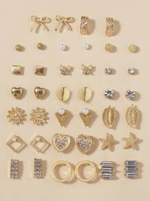 20pairs Bow & Rhinestone Decor Stud Earrings Valentines - Yellow Gold - View 1