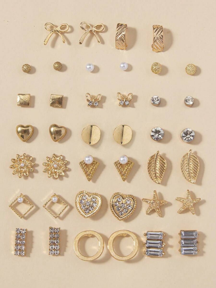 20pairs Bow & Rhinestone Decor Stud Earrings Valentines - Yellow Gold - View 1