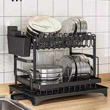 2 Tier Dish Rack Plate Cup Drying Drainer Storage Drip Tray Cutlery Holder Black