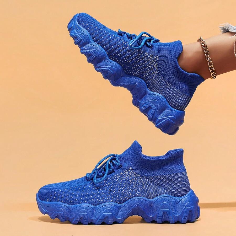 Women's Simple Plain Lace-Up Low Top Sock Sneakers, Summer 2024 Casual Comfortable Breathable Lightweight Sports Running Shoes - 寶藍色 - 查看 1