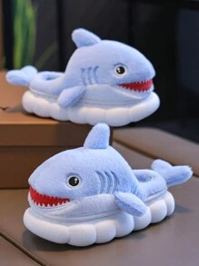 1 Pair Cute Shark Design Kids Slippers, Fluffy Cartoon Indoor Shoes For Boys, Winter - Blue and White - View 4
