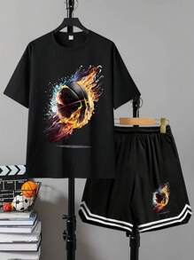 2 pièces Ensemble short et t-shirt à manches courtes avec imprimé de basketball pour garçons adolescents