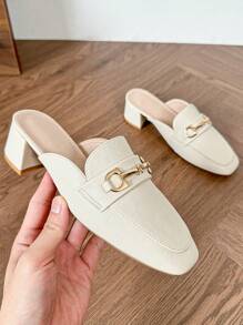 HanDuEke 女士粗跟露趾穆勒拖鞋，2025 春夏新款露背一脚蹬中跟乐福鞋，平底一脚蹬鞋