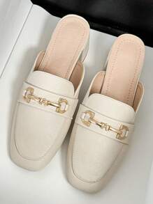 HanDuEke 女士粗跟露趾穆勒拖鞋，2025 春夏新款露背一脚蹬中跟乐福鞋，平底一脚蹬鞋