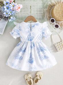 夏季女童休闲可爱线条花卉荷叶边袖腰部双蝴蝶结装饰连衣裙