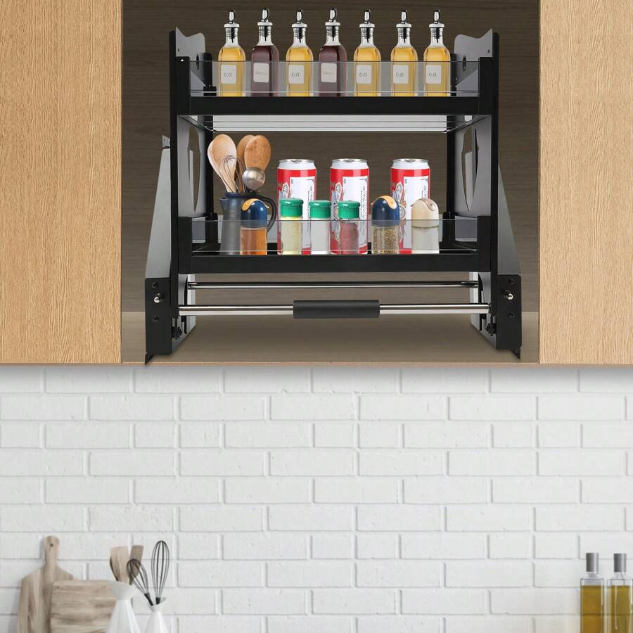 2 Tier Pull Down Shelf Aluminum Pull Down Cabinet Organizer Drop Down ...