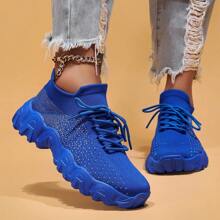 Women's Simple Plain Lace-Up Low Top Sock Sneakers, Summer 2024 Casual Comfortable Breathable Lightweight Sports Running Shoes - 寶藍色 - 查看 4