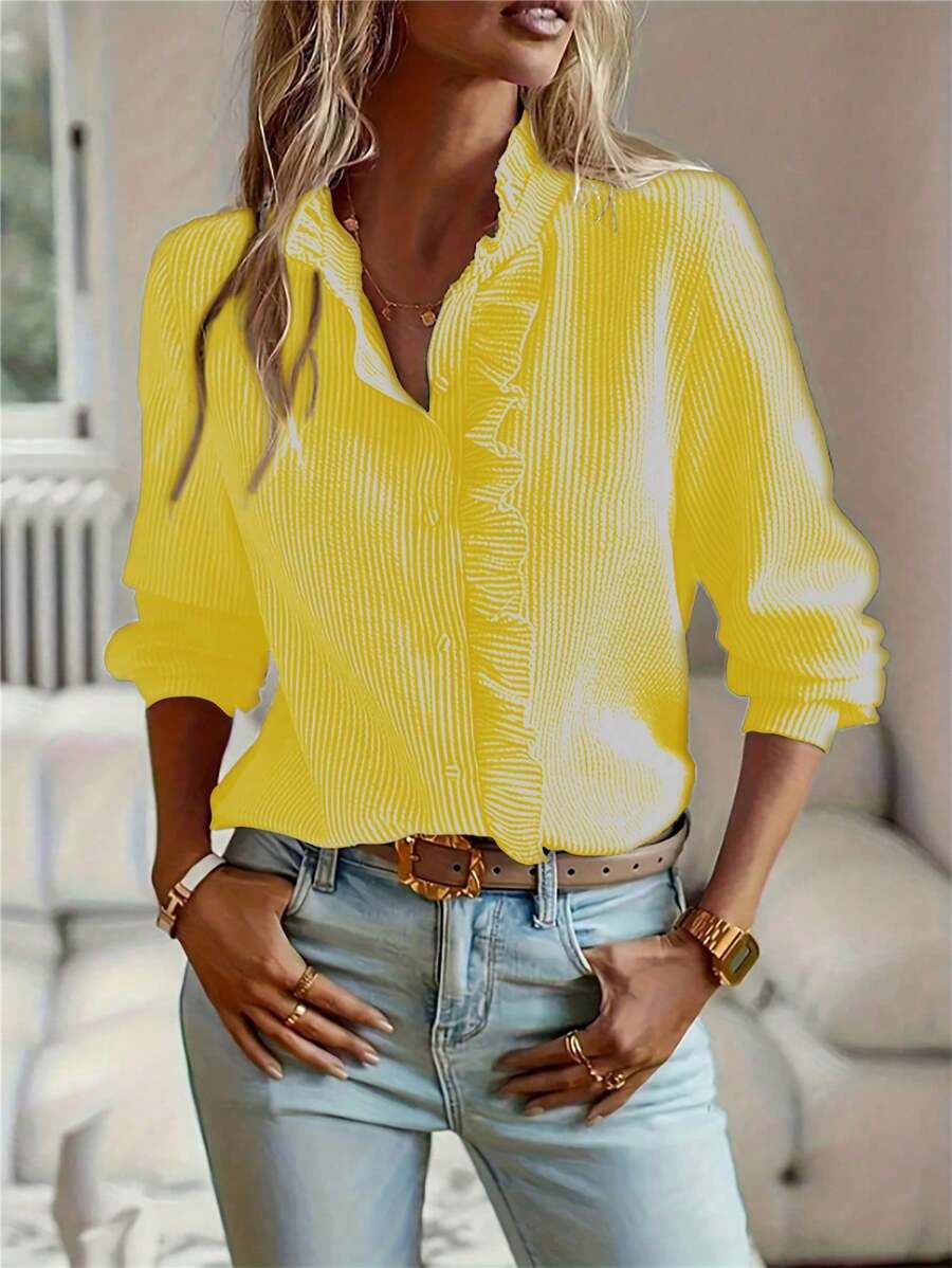 Áo sơ mi Fashion Me kẻ sọc, xếp ly, chất liệu vải dệt, cổ bèo, tay thẳng, ôm dáng, chất liệu pha polyester, kiểu dáng tối giản, đa năng, thích hợp mặc hàng ngày, dịp Ngày Nhà giáo. - Màu vàng - Xem 1