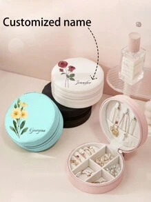 Custom Round Jewelry Box, Leather Jewelry Box, Custom Name Jewelry Box, Custom Personalized Printing, Travel Jewelry Organizer, Bridesmaid Flower Jewelry Box, Bridesmaid Proposal Gift, Mother's Day Gift For Mom, Birthday Gift For Lady Back To School
