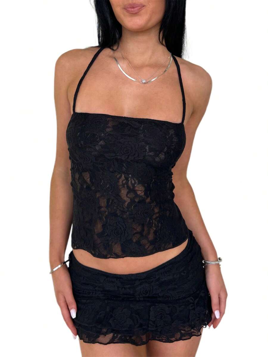 Women Sexy 2 Pieces Floral Lace Skirt Set Criss Halter Lace Up Backless Cami Tank Top Low Rise Bodycon Mini Skirt Paty Clubwear - màu đen - Xem 1