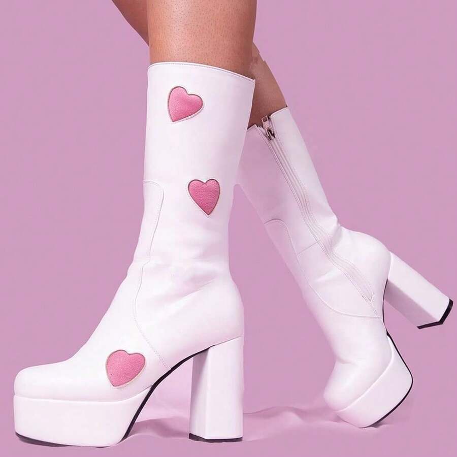 Women's High Heels Platform Mid Calf Boots Side Zip Sweet Heart Cool Punk Bootie - White & Pink - 查看 1