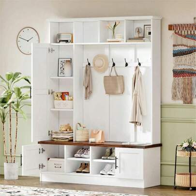 MERAX Versatile 3-In-1 Hall Tree With 6 Hooks, Farmhouse Walnut Storage Bench With Adjustable Shelves, 55"W Modern Entryway Coat Rack With Multiple Storage Space For Mudroom, Living Room