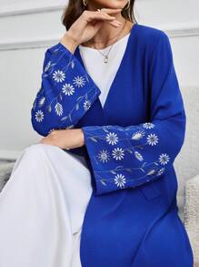 连衣裙女式春季时尚清新花卉刺绣长袖前开长袍伊斯兰服装腰带连衣裙长袍 Kafan