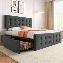 Queen Size Bed Frame With Headboard,Linen Upholstered Platform Bed Frame With 4 Storage Drawers,Button Tufted Style,No Box Spring Needed - Màu xám đen - Xem 1