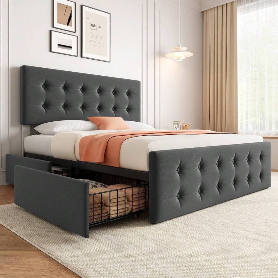 Queen Size Bed Frame With Headboard,Linen Upholstered Platform Bed Frame With 4 Storage Drawers,Button Tufted Style,No Box Spring Needed - Màu xám đen - Xem 1