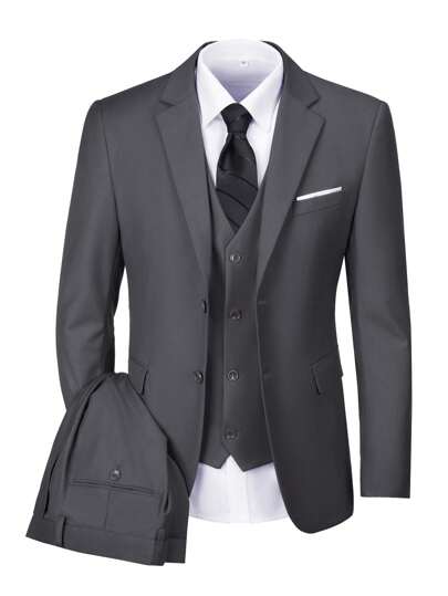 Furuyal Herren 3-teiliges elegantes Anzug-Set, Herren Gentleman einfarbiger Slim-Fit Doppelreiher-Anzug mit Jacke, Weste, Hose und Krawatte, Dunkelgrau, Größe XS-3XL