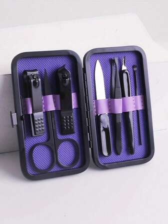 7件紫色美甲工具套装，不锈钢指甲钳，指甲剪，指甲锉，指甲护理美容套装