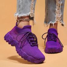 Women's Simple Plain Lace-Up Low Top Sock Sneakers, Summer 2024 Casual Comfortable Breathable Lightweight Sports Running Shoes - Purple - View 4
