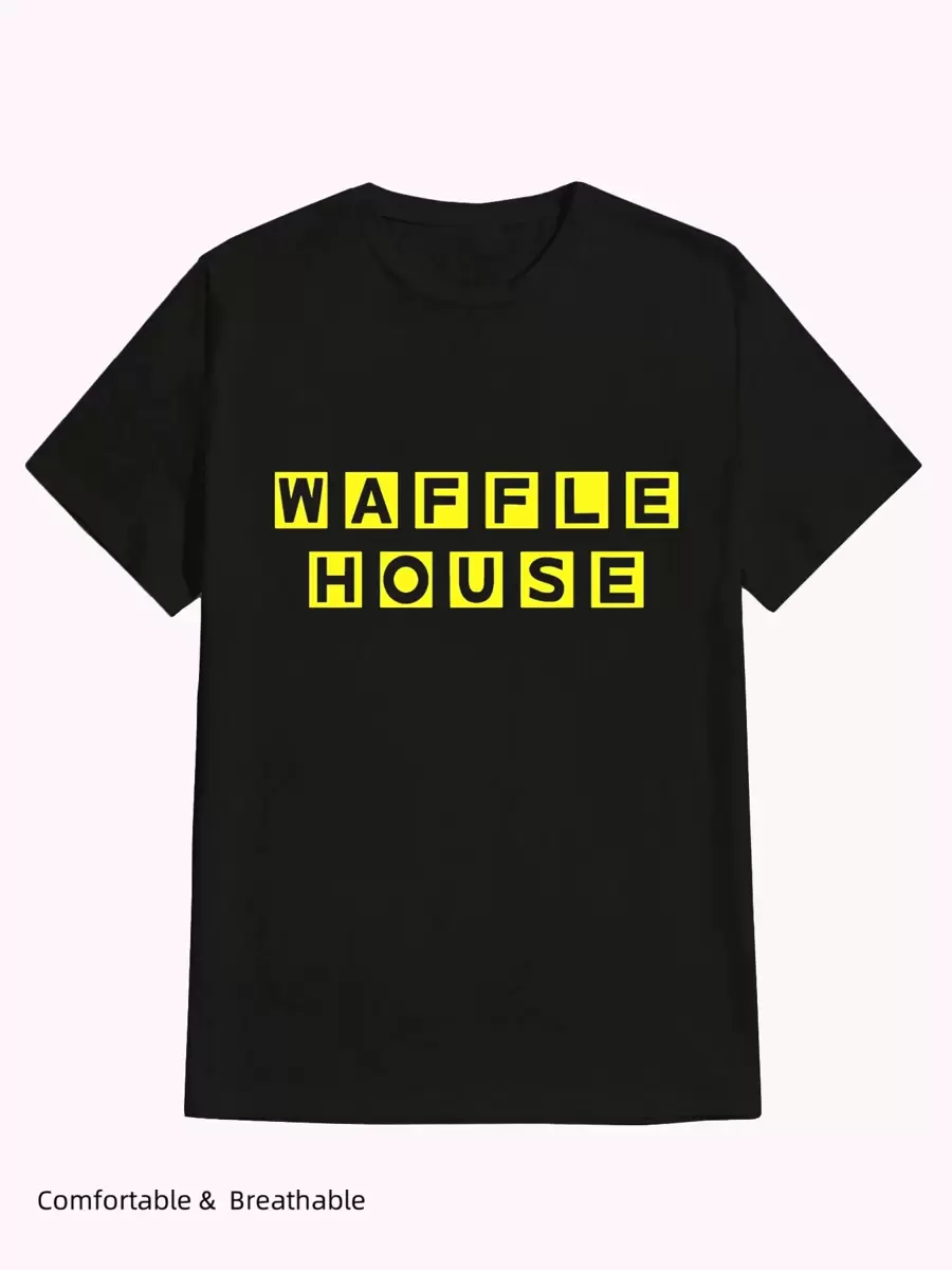 Waffle House T-Shirt Vintage Logo Funny Cool  ,Casual Print,Comfortable And Versatile,Letter Pattern Pure Cotton 220g Printed T-Shirt - Black - View 1