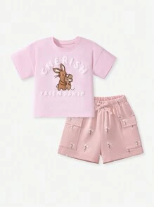 Set de 2 piezas de ropa de verano para niñas: Camiseta de manga corta rosa con estampado de conejo que dice "Cherish Friendship" y shorts tipo cargo a juego con estampado floral - Ropa suave para niñas jóvenes