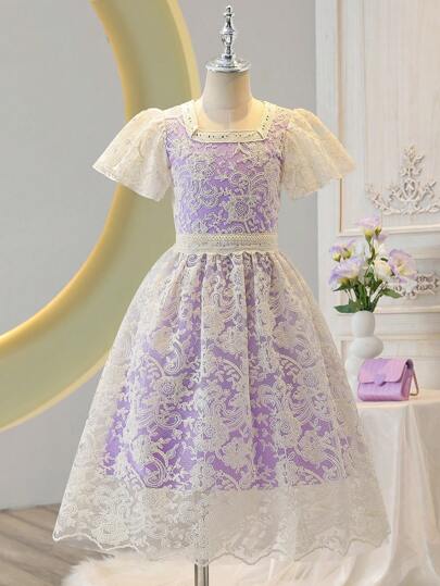 Dziewczęca Elegancka Fioletowa Haftowana Długa Sukienka Z Rękawami Księżniczki, Wygodna I Stylowa Codzienna Odzież